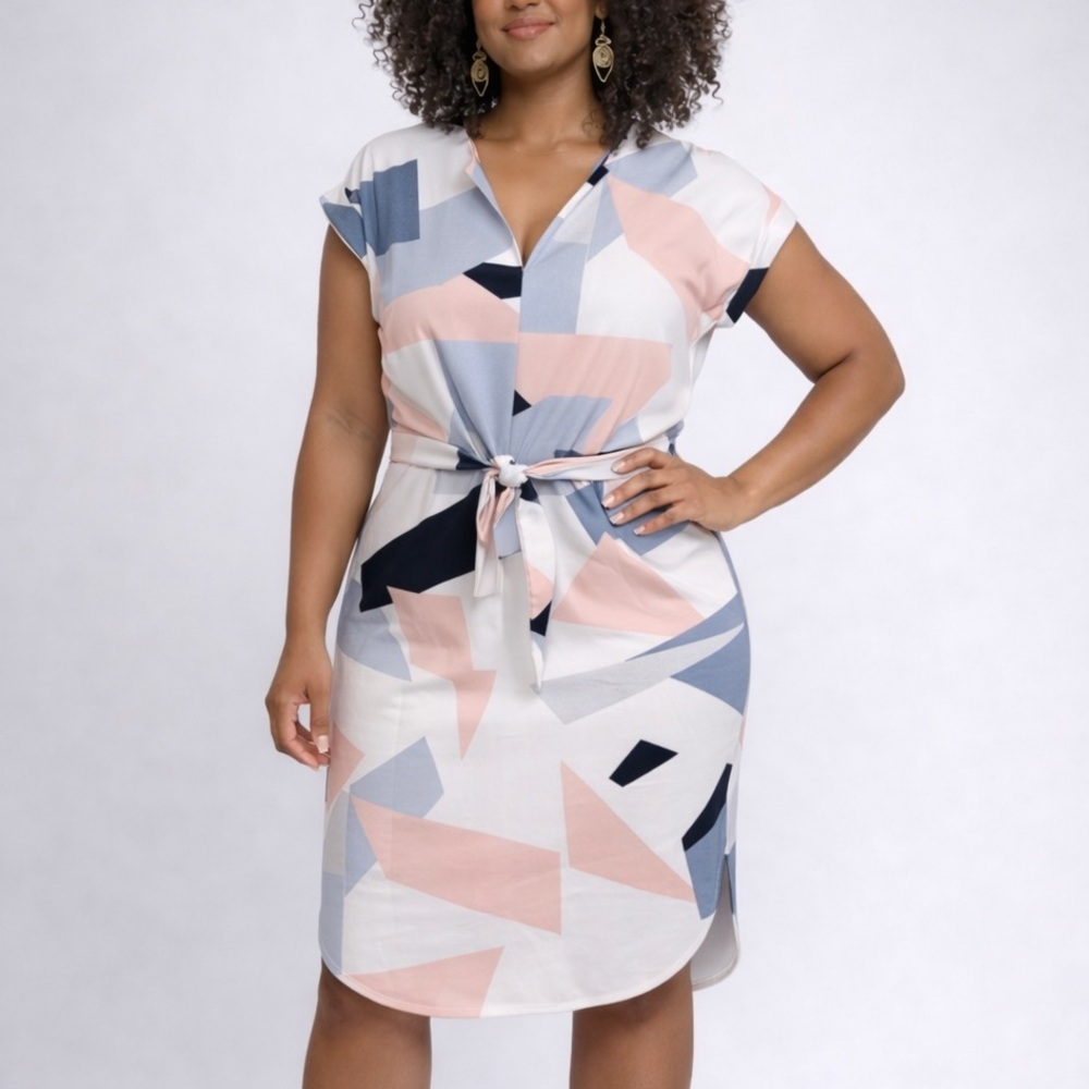 Art-inspired midi dress geometric pattern short sleeved V-neck Sz M